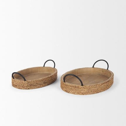Set of Two Natural and Black Jute Metal And Solid Wood Oval Serving Trays With Handles HomeRoots