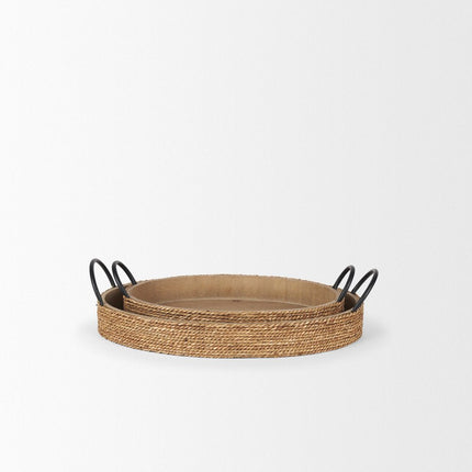 Set of Two Natural and Black Jute Metal And Solid Wood Oval Serving Trays With Handles HomeRoots