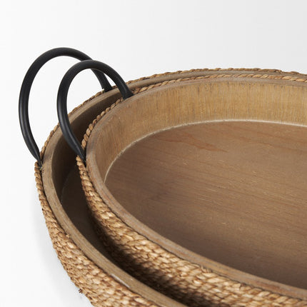 Set of Two Natural and Black Jute Metal And Solid Wood Oval Serving Trays With Handles HomeRoots