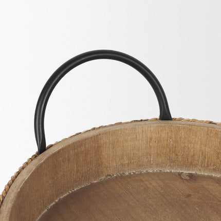 Set of Two Natural and Black Jute Metal And Solid Wood Oval Serving Trays With Handles HomeRoots