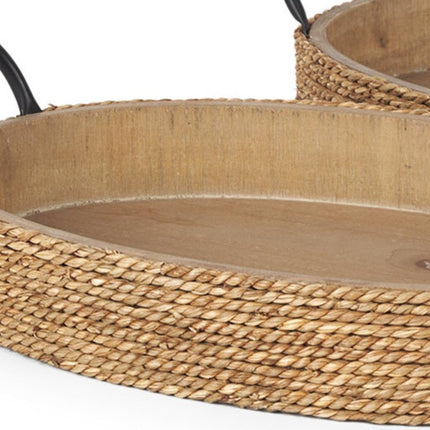 Set of Two Natural and Black Jute Metal And Solid Wood Oval Serving Trays With Handles HomeRoots