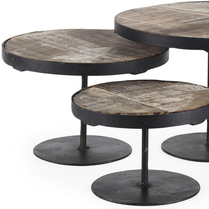 Set of Three Black And Light Brown Iron And Solid Wood Round Risers HomeRoots