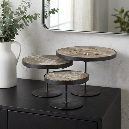 Set of Three Black And Light Brown Iron And Solid Wood Round Risers HomeRoots