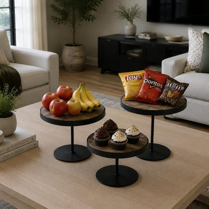 Set of Three Black And Light Brown Iron And Solid Wood Round Risers HomeRoots