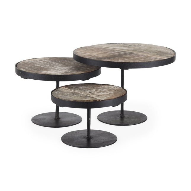 Set of Three Black And Light Brown Iron And Solid Wood Round Risers HomeRoots