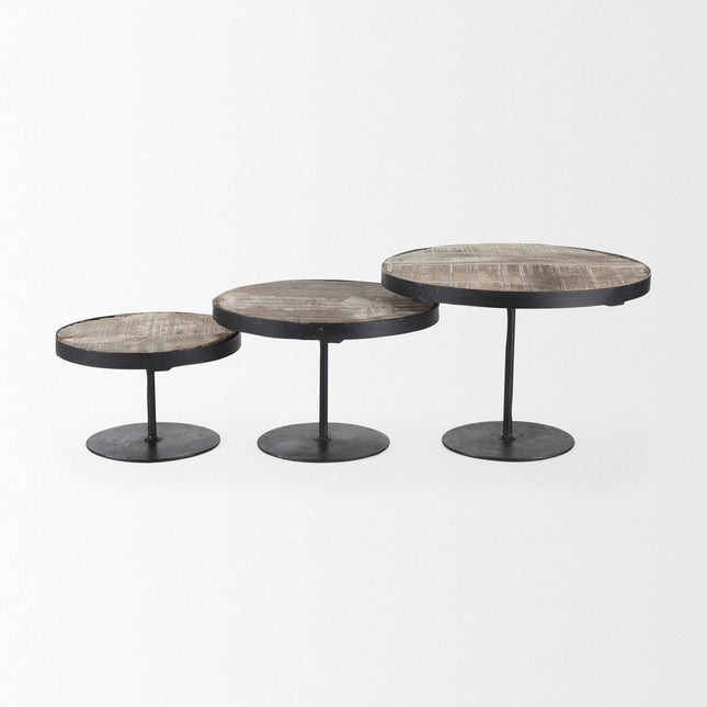 Set of Three Black And Light Brown Iron And Solid Wood Round Risers HomeRoots