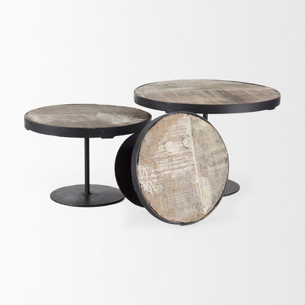 Set of Three Black And Light Brown Iron And Solid Wood Round Risers HomeRoots