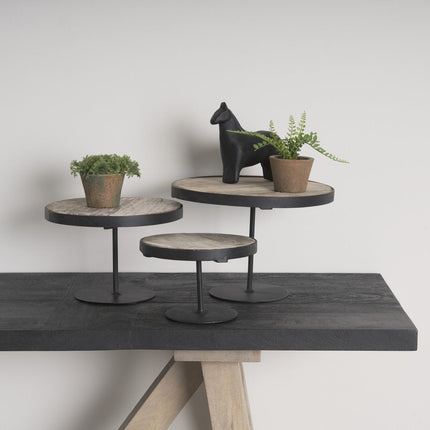 Set of Three Black And Light Brown Iron And Solid Wood Round Risers HomeRoots