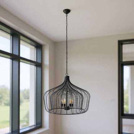 Black Four Light Metal Dimmable Chandelier With Black Shades HomeRoots