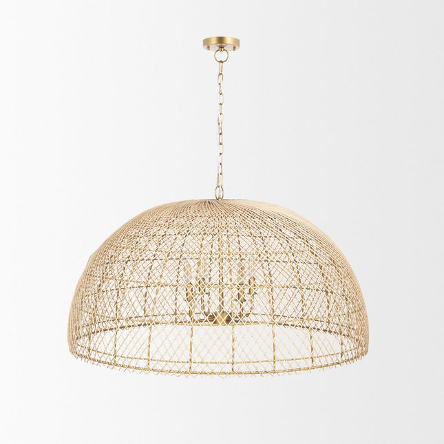 Gold Four Light Rattan Dimmable Chandelier With Gold Shades