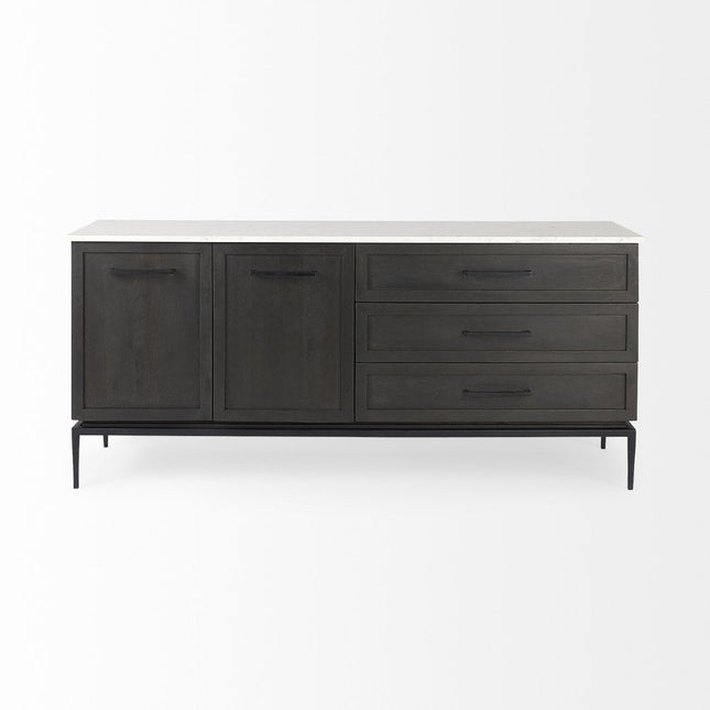 71" Black Solid Wood Three Drawer Sideboard With Two Doors HomeRoots