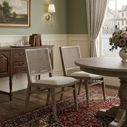 Set of Two Cream and Brown Fabric Dining Side Chairs