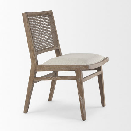 Set of Two Cream and Brown Fabric Dining Side Chairs