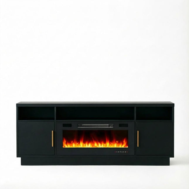 70" Black Wood TV Stand With Fireplace HomeRoots