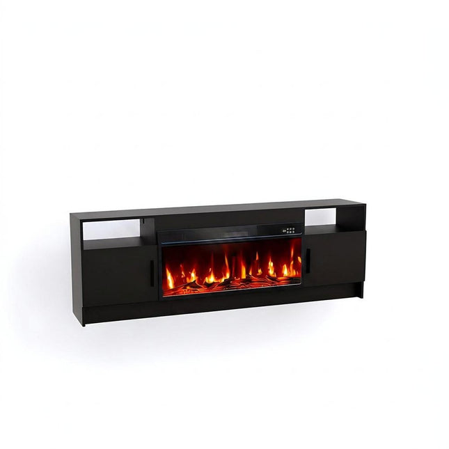 70" Black Wood TV Stand With Fireplace HomeRoots