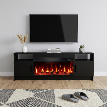 70" Black Wood Fireplace TV Stand With Fireplace HomeRoots
