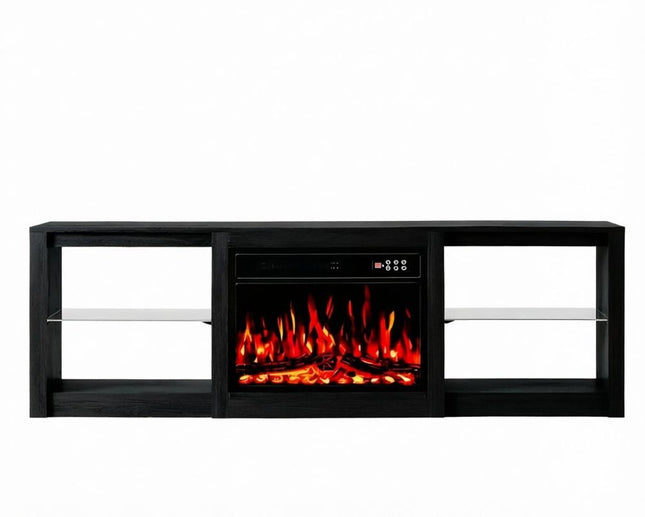 70" Black Wood Fireplace Entertainment Center With Fireplace HomeRoots