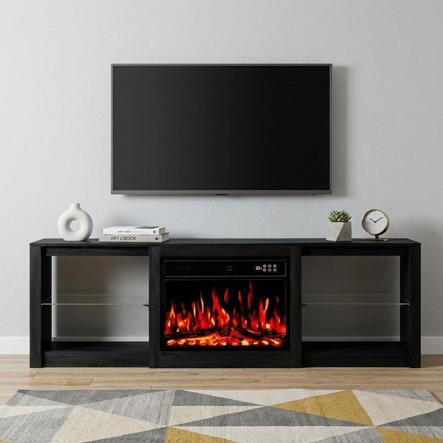70" Black Wood Fireplace Entertainment Center With Fireplace HomeRoots