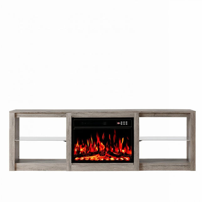 70" Black And Light Gray Wood Fireplace Entertainment Center With Fireplace HomeRoots