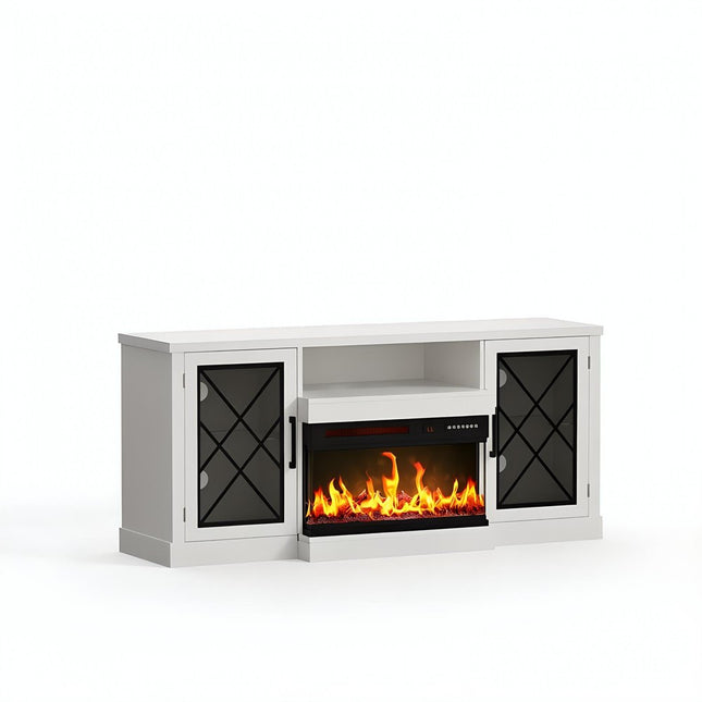 59" White Wood TV Stand With Fireplace HomeRoots