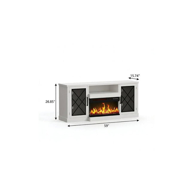59" White Wood TV Stand With Fireplace HomeRoots