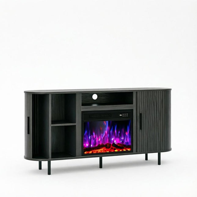 65" Black Ribbed Texture Wood TV Stand With Fireplace HomeRoots