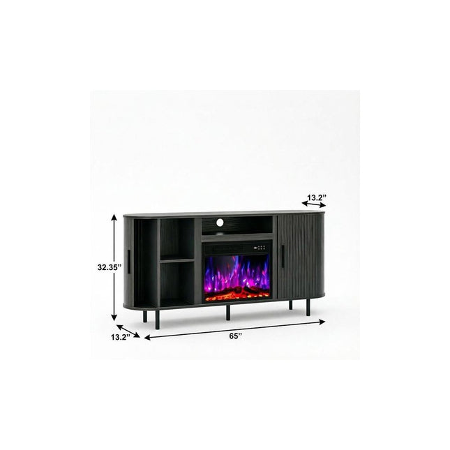 65" Black Ribbed Texture Wood TV Stand With Fireplace HomeRoots