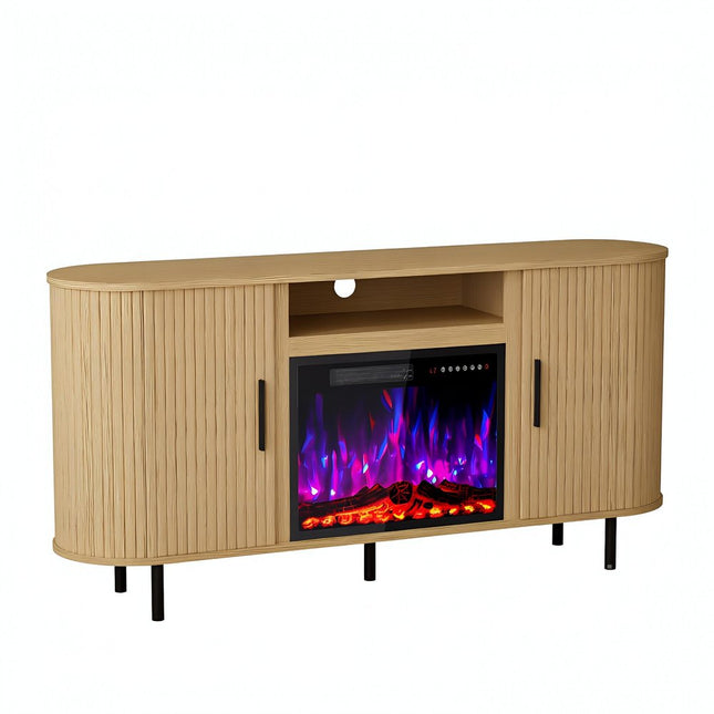 65" Beige Wood Fireplace TV Stand With Fireplace HomeRoots