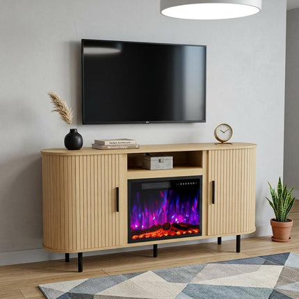 65" Beige Wood Fireplace TV Stand With Fireplace HomeRoots