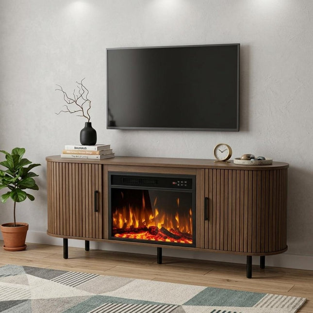 65" Brown Wood Fireplace TV Stand With Fireplace HomeRoots