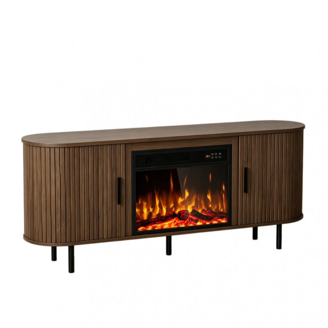 65" Brown Ribbed Texture Wood TV Stand With Fireplace HomeRoots