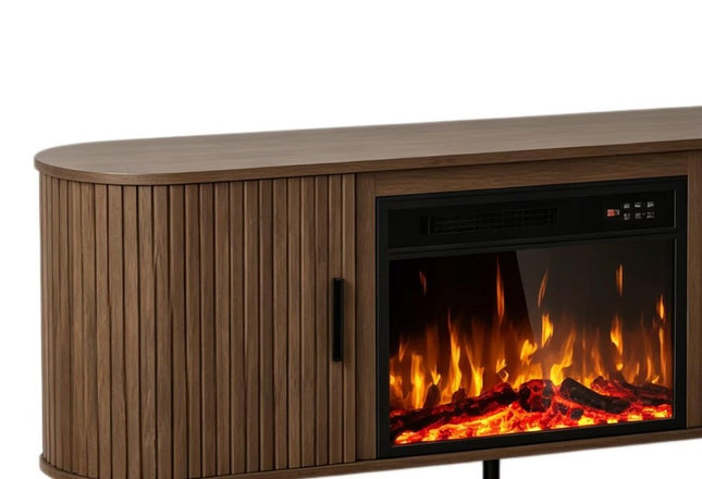 65" Brown Ribbed Texture Wood TV Stand With Fireplace HomeRoots