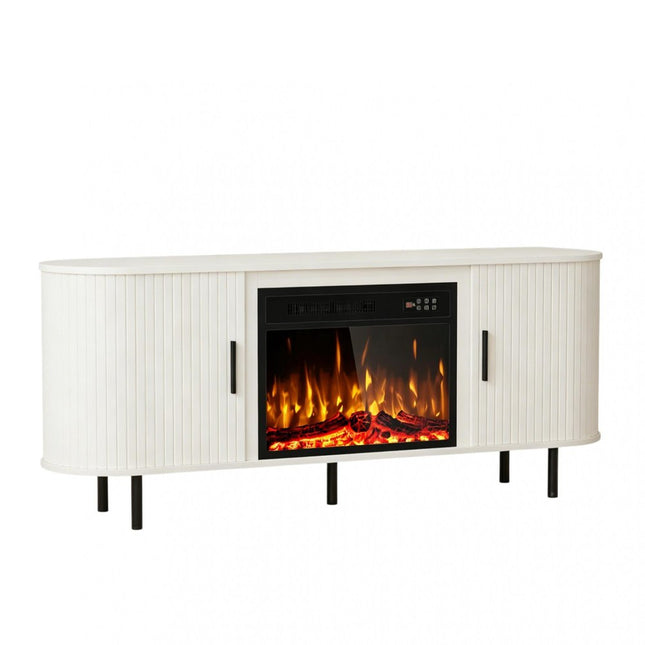 65" White Ribbed Texture Wood TV Stand With Fireplace HomeRoots