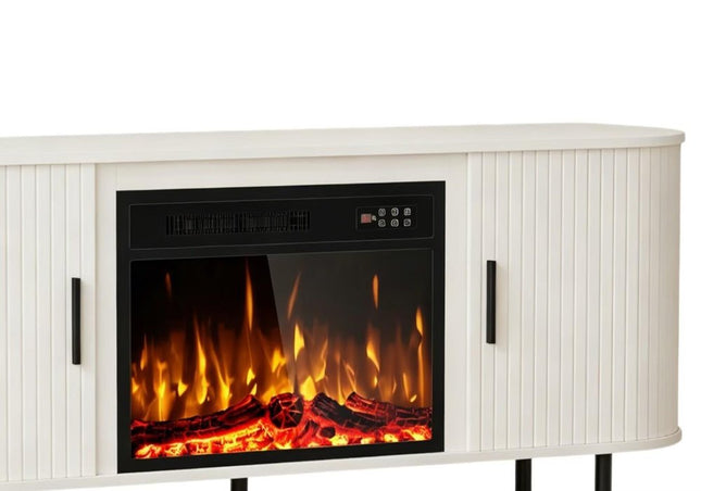 65" White Ribbed Texture Wood TV Stand With Fireplace HomeRoots