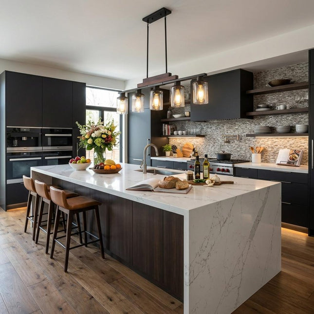 Black Kitchen Island Five Light Plastic and Wrought Iron Transparent Glass Flush Chandelier With Stone Shades HomeRoots