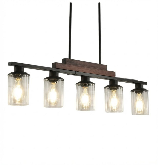 Black Kitchen Island Five Light Plastic and Wrought Iron Transparent Glass Flush Chandelier With Stone Shades HomeRoots