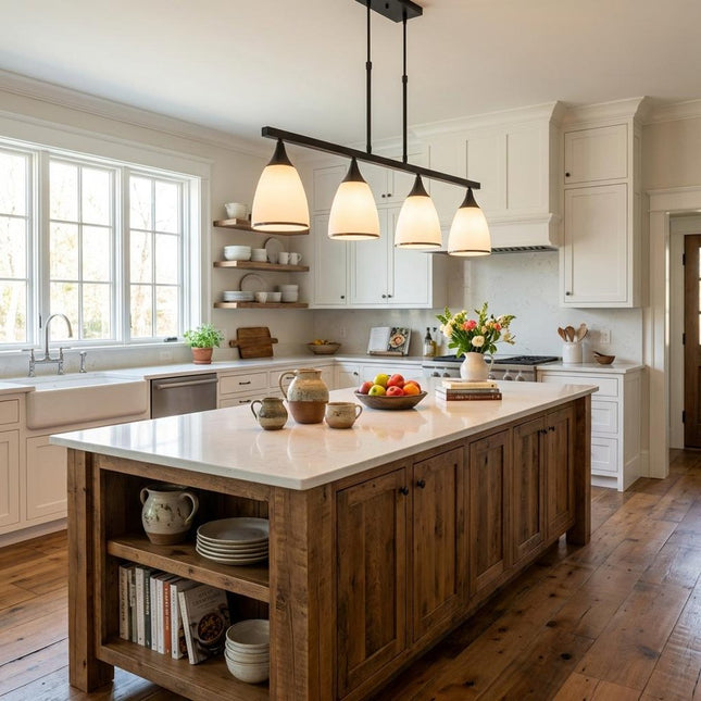 Black Kitchen Island Four Light Glass and Wrought Iron Frosted Glass Flush Chandelier With Black Shades HomeRoots
