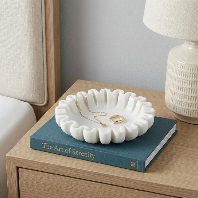 6" White Marble Handmade Scalloped Trinket Tray HomeRoots