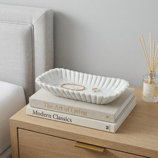 14" White Marble Fluted Oblong Tray HomeRoots