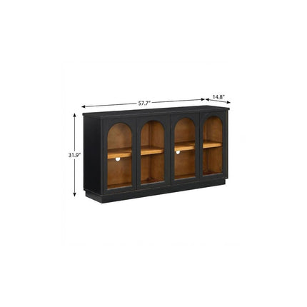 58" Black Wood Buffet Table With Four Glass Doors HomeRoots