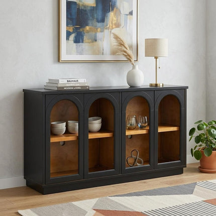 58" Black Wood Buffet Table With Four Glass Doors HomeRoots