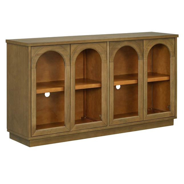 58" Pine Green Wood Buffet Table With Four Glass Doors HomeRoots