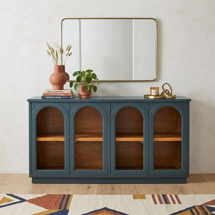 58" Navy Blue Wood Buffet Table With Four Glass Doors HomeRoots
