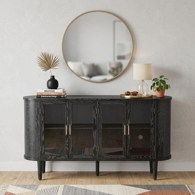 60" Black Wood Buffet Table With Four Glass Doors HomeRoots
