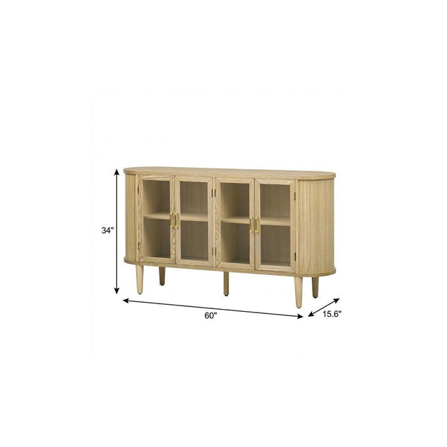 60" Natural Wood Oval Buffet Table With Four Glass Doors HomeRoots