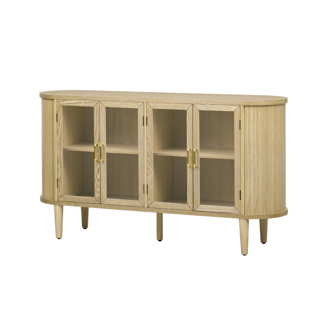 60" Natural Wood Oval Buffet Table With Four Glass Doors HomeRoots