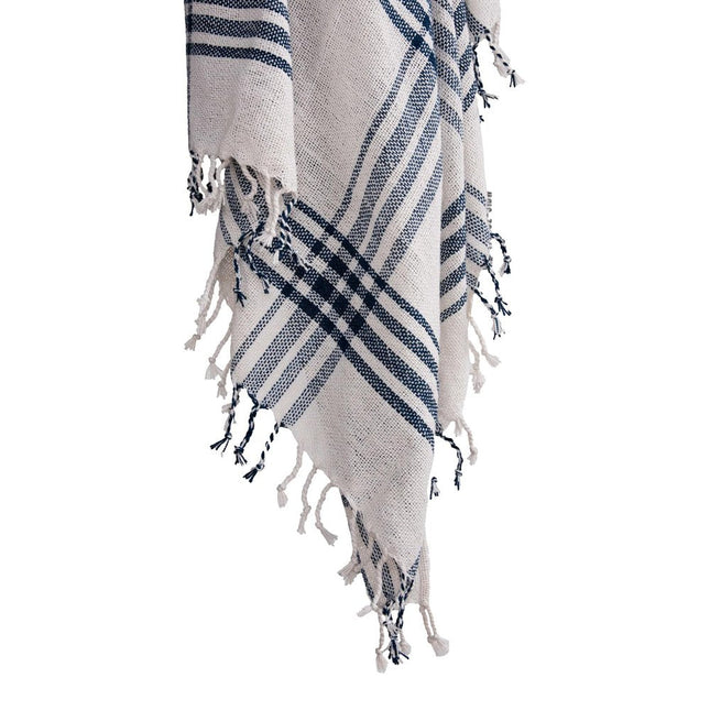 50" X 60" Ivory And Navy Blue Plaid Throw Blanket with Fringe HomeRoots