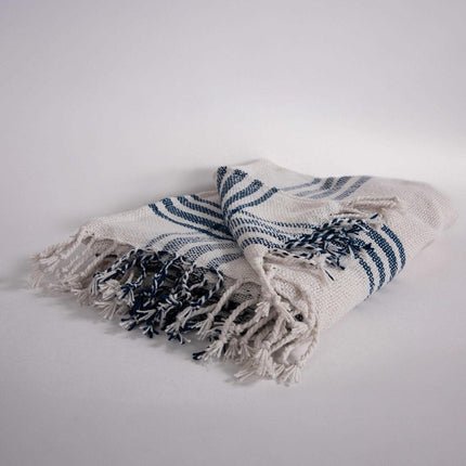 50" X 60" Ivory And Navy Blue Plaid Throw Blanket with Fringe HomeRoots