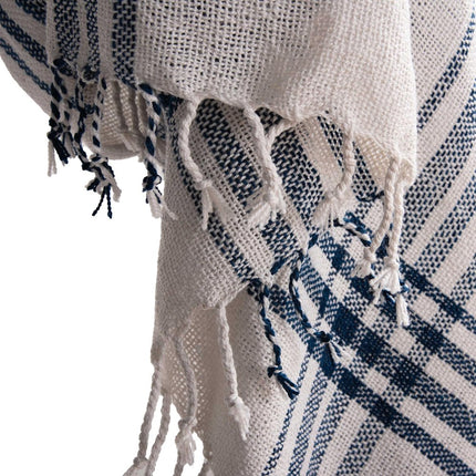 50" X 60" Ivory And Navy Blue Plaid Throw Blanket with Fringe HomeRoots
