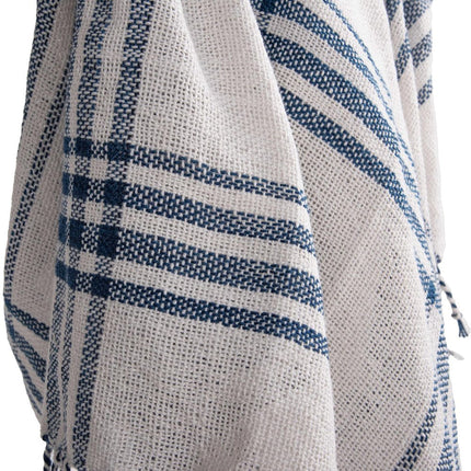 50" X 60" Ivory And Navy Blue Plaid Throw Blanket with Fringe HomeRoots